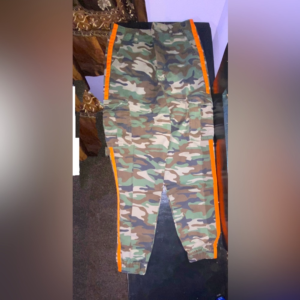 Camo print cargos with orange lines on the side